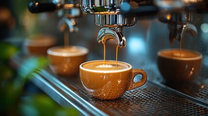 A smart coffee maker brewing coffee automatically in the morning machine, closeup, food, italian