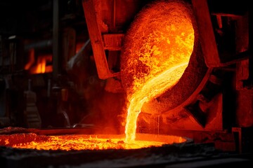Bright orange molten metal flows from a ladle into a mold, surrounded by dark workshop machinery. The scene captures the intensity of the foundry environment at dusk