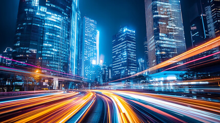 Obraz premium Illuminated city roads and towering buildings combine high resolution picture