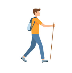 Man hiking with backpack and walking stick