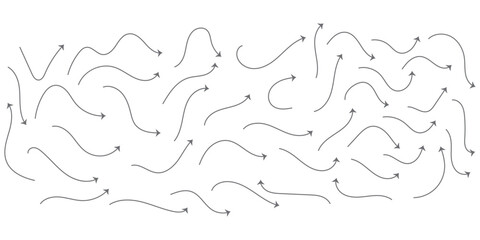 arrow sketches collection, hand drawn doodle style pointers, curved line, round swirls, black brush stroke