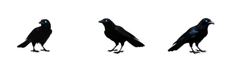 Three dark ravens with glowing blue eyes, cut out transparent