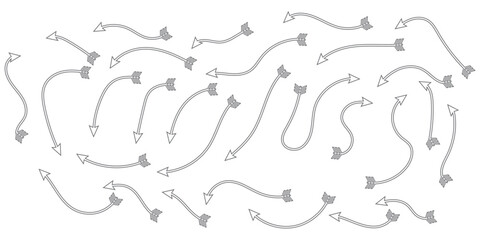 Hand drawn line chalk brush stroke arrow icon set. Chalk crayon underline, check mark, scribble and texture in rough hand sketch style. Drawn heart, frame, star design shapes. Vector illustration