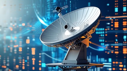 Futuristic Communication: Satellite Dish Against Digital Data Stream Backdrop