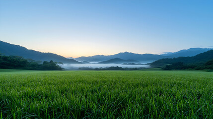 Fototapeta premium Serene Sunrise Landscape with Fog Over Green Field and Mountains