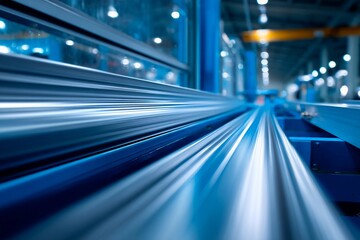 Manufacturing activities take place in a factory where metal components are being processed along a sleek line. Bright lighting illuminates the advanced machinery, enhancing productivity
