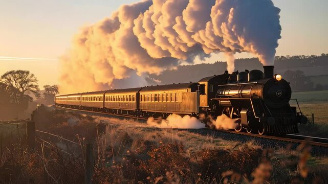 Steam train chugging through golden fields at sunset with billowing clouds