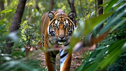 Majestic tiger stalking through lush jungle - Powered by Adobe