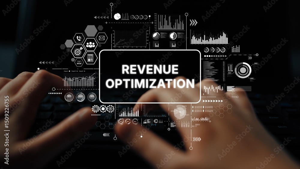 Poster hands typing on a keyboard with graphical data and revenue optimization concept overlayed in a digit