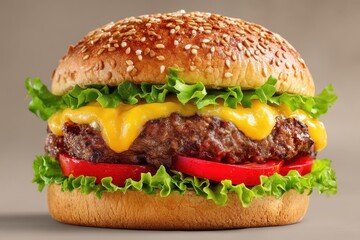 Cheeseburger Hamburger mit Käse Burger mit Rindfleisch Frischer Burger mit Salat Burger mit Tomate Sesambrötchen saftiger Burger Fast Food Klassiker Streetfood amerikanischer Burger Foodfoto