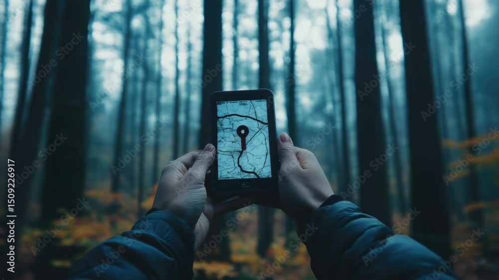 Poster A person holds a smartphone in a forest setting, possibly checking directions or taking a photo