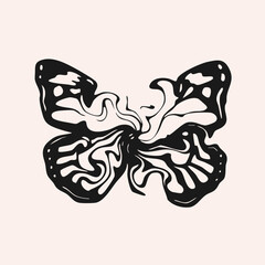 Swirled abstract liquid butterfly. Hand drawn black Vector illustration. Tattoo flash sketch, sticker, logo, icon, print, design template. Isolated element