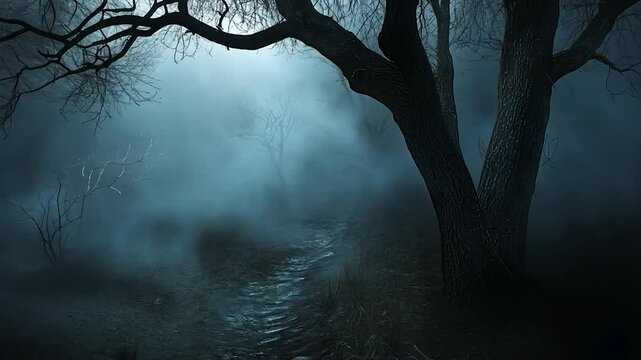 Misty forest path at night, spooky, dark, trees, moonlight