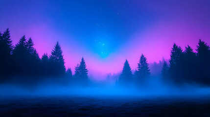 Naklejka premium Blue and Purple Night Forest with Fog