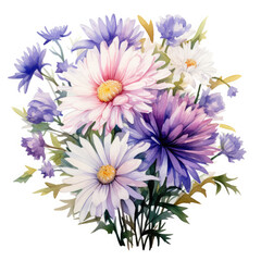 Obraz premium Watercolor Aster Flower Bouquet, clipart Illustration, Generative Ai