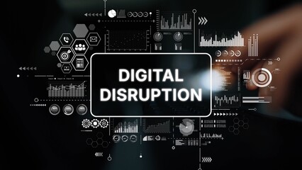 Conceptual Representation of Digital Disruption with Graphs, Icons, and Futuristic Design Elements in a Dark Theme. Asymptotic smart data analytic.