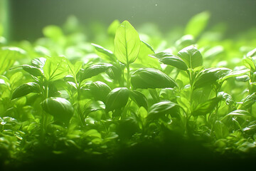 Lush green basil plants under bright light close up