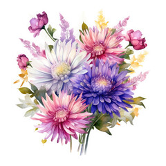 Obraz premium Watercolor Aster Flower Bouquet, clipart Illustration, Generative Ai