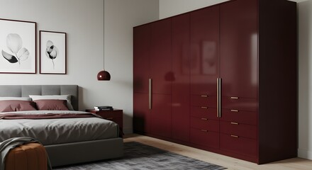 Modern Bedroom Interior with a Luxurious Red Wardrobe: Stylish Home Decor, Minimalist Design, and Contemporary Furniture for a Comfortable and Elegant Living Space (199)