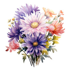 Obraz premium Watercolor Aster Flower Bouquet, clipart Illustration, Generative Ai