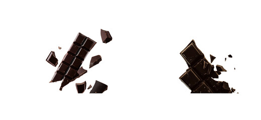 Two dark chocolate bars broken into pieces floating, cut out transparent