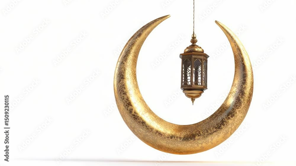 Poster a beautiful golden crescent-shaped lantern hangs from a delicate chain, perfect for decorating or as