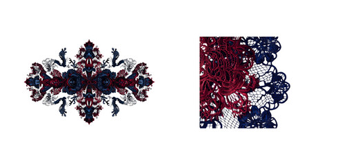 Red blue symmetric textile ornament, lace fragment, cutout transparent