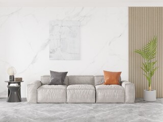 Mock up of an ideal bright living room with an original comfortable sofa and an interesting decorative background, 3D rendering.