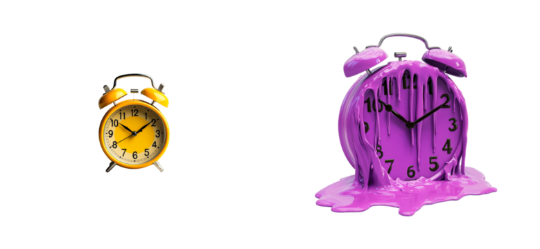 Clocks, Time Concept with Melted Purple Paint, Isolated, Cut out transparent