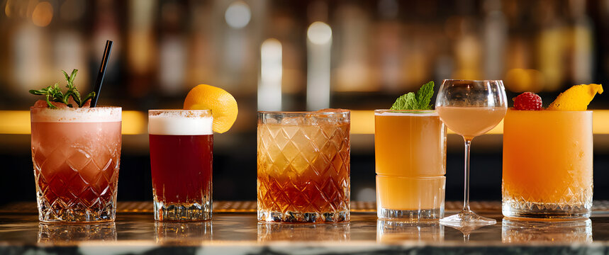 Assortment of strong alcoholic beverages and spirits in glasses on a bar countertop.