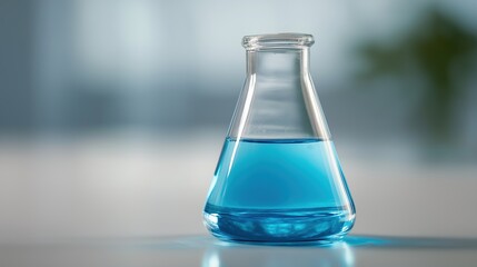 Blue liquid in a glass beaker, symbolizing scientific exploration and discovery.