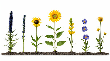 Vibrant Yellow and Blue Flowers in Bloom Against White Background