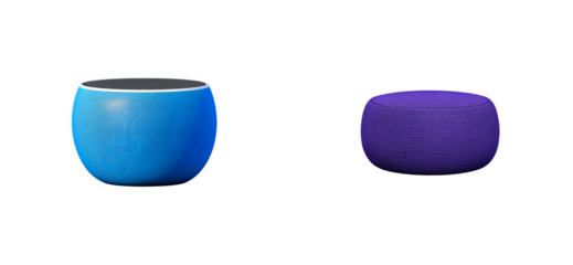 Two round pouf chairs, blue and violet, on black background, cut out transparent