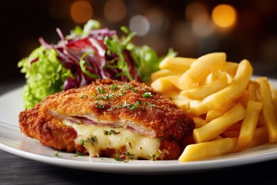 Cordon Bleu Teller Pommes Frites Salat Beilage Panierte Schnitzel K&auml;se Schinken F&uuml;llung Hausmannskost Mittagessen Klassisch Knusprig Gebraten Restaurant Gericht Rustikal Nahaufnahme