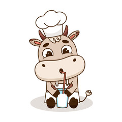 Cute baby cow in chef hat drinking milkshake with a straw. Kawaii little cow cook mascot character. Cartoon vector illustration