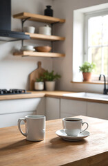 Cozy white kitchen, made in a minimalist style on a sunny day, a mug of coffee on the table, kitchen furniture in the background, home atmosphere