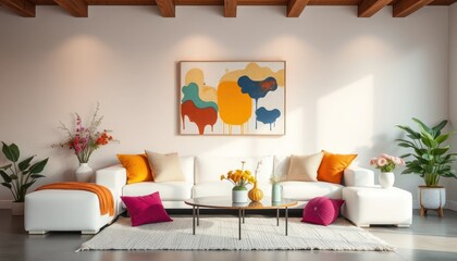 Stylish living room interior showcasing modern art and vibrant accents, conveying comfort and sophistication with neutral tones