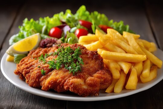 Cordon Bleu Teller Pommes Frites Salat Beilage Panierte Schnitzel K&auml;se Schinken F&uuml;llung Hausmannskost Mittagessen Klassisch Knusprig Gebraten Restaurant Gericht Rustikal Nahaufnahme