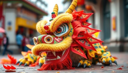 Fototapeta premium Vibrant display of a traditional Chinese dragon dance costume on street