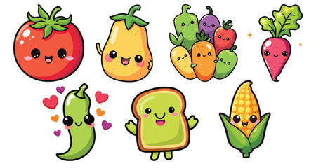 Kawaii cute cartoon vegetables with happy faces, colorful vector, kids' educational materials