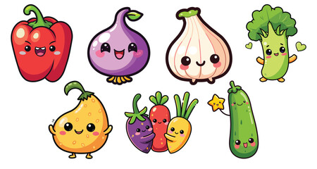 Kawaii cute smiling vegetable cartoons on white, vector illustration, kids educational poster