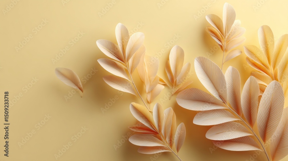 Poster warm pastel yellow provides a calming backdrop for delicate leaves, creating a harmonious blend of c