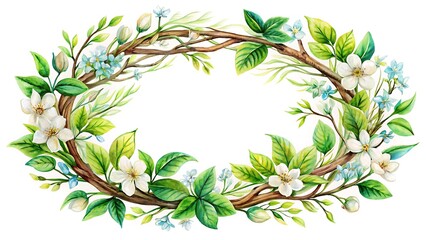 Naklejka premium Watercolor Floral Wreath with White and Blue Flowers Green Leaves and Brown Branches Perfect for Invitations and Greeting Cards