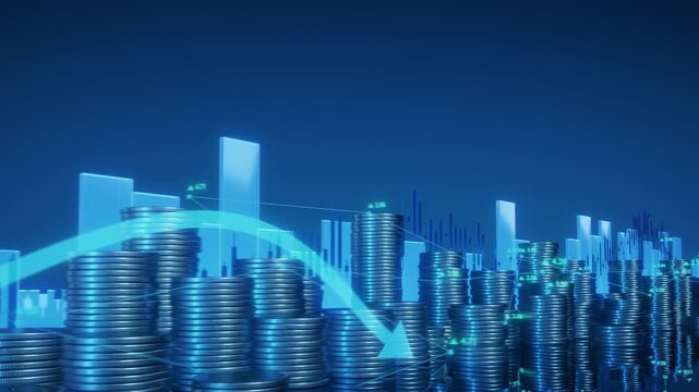 A financial background shows stacks of coins, a rising and falling arrow, and a stock chart, suggesting market trends. Camera pans forward,