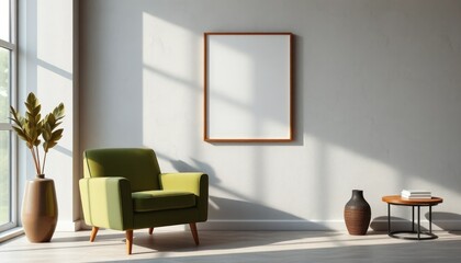 Fototapeta premium Stylish Interior with Empty Frame, Green Armchair, and Decorative Vases for Creative Mockups