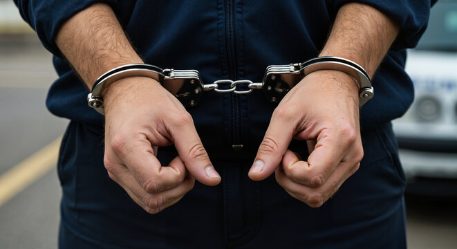 Man in handcuffs standing on the street in a law enforcement context  