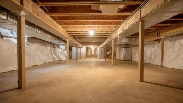 Unfinished basement interior with exposed wooden beams and white plastic sheeting on the walls showing construction elements.