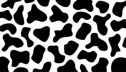 Vector cow seamless pattern. Black and white animal skin texture background. Cartoon irregular spots wallpaper. Abstract doodle shapes. Illustration for print, package, surface design. 