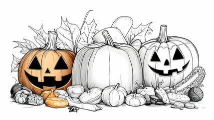Fototapeta premium Halloween Pumpkins Illustration Line Art Drawing