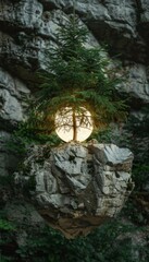 Boulders in orbit surrounding a luminous tree  a stunning visual of nature s magic